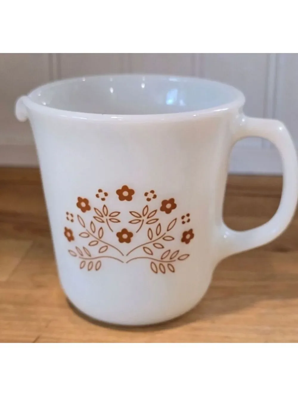 Vintage Pyrex Milk Glass Creamer with Brown Floral Design  1970's